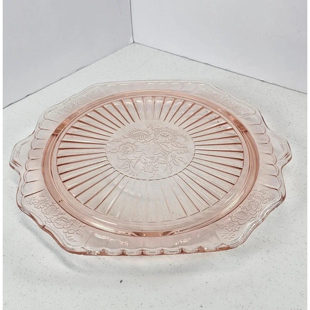 VTG Anchor Hocking Mayfair Open Rose Pink Depression Glass Cake Plate Tray 11